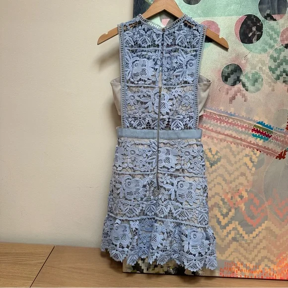 Self portrait periwinkle blue lace cutout dress with grey lining size 2 - Picture 6 of 14
